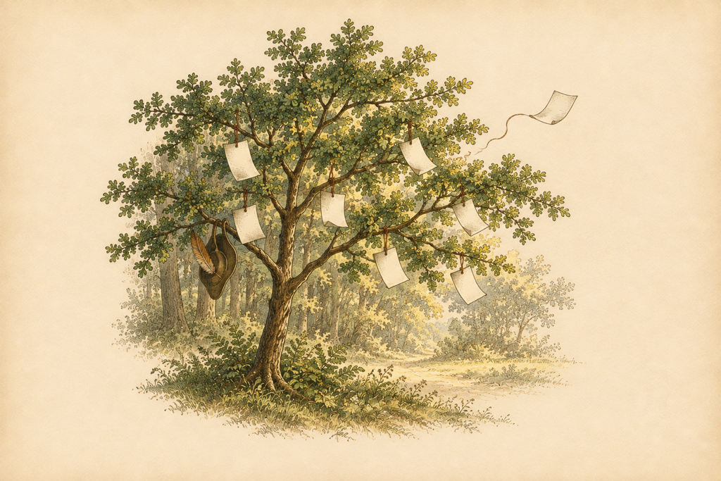 Blank pages tied to the branches of a young tree at the edge of a sunlit wood, a feathered cap hanging from one branch.
