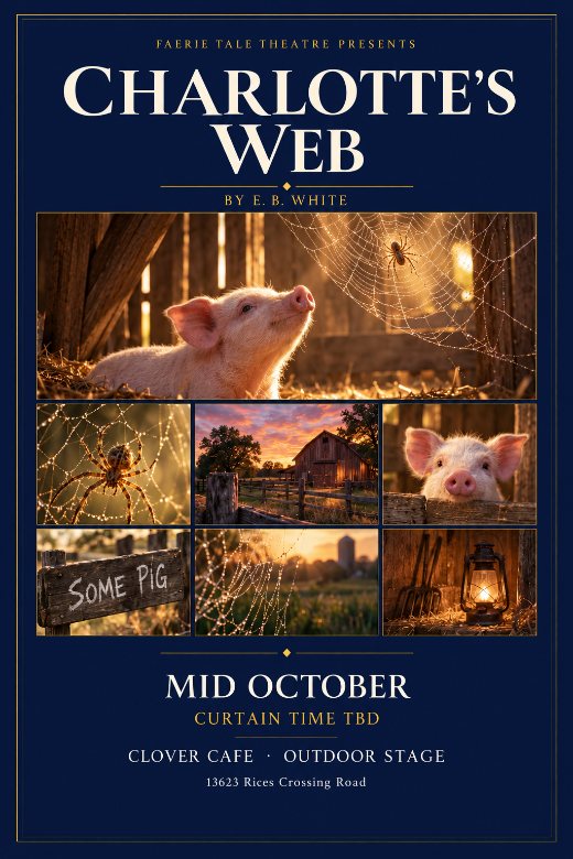 Poster for Charlotte's Web by E. B. White — a pig, a dew-lit spider's web, and a barn at sunset on midnight blue with gold lettering.