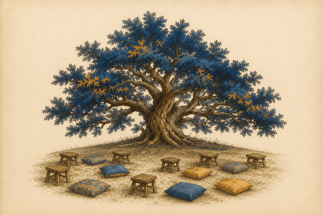 The blue-and-gold-leaved oak on a grassy rise, ringed by small wooden stools and blue and gold floor cushions set out for a gathering of listeners.