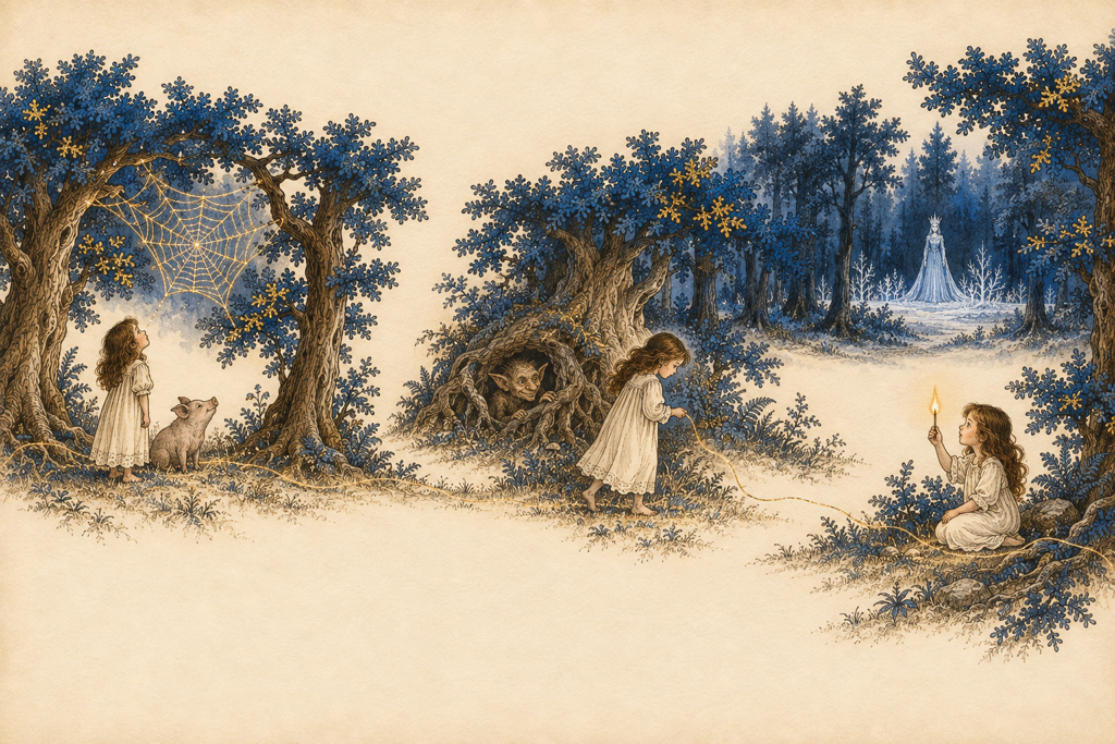 Storybook scenes joined by a golden thread at the edge of a dusk wood: a girl and a pig beneath an empty spider web, a girl following the thread past a goblin peeking from tree roots, a child holding up a single lit match, and a pale queen small and far off among frosted trees.