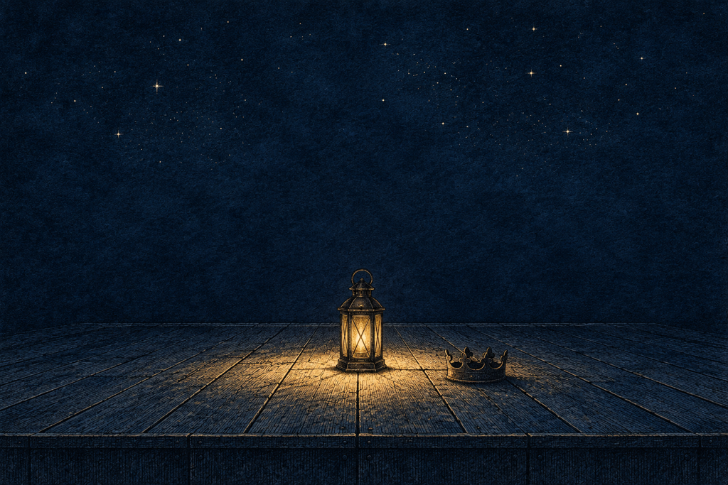 A single lit lantern on the boards of an empty outdoor stage at night, a dark crown resting just outside its circle of light.