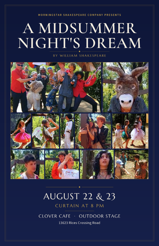 Poster for A Midsummer Night's Dream, presented by Morningstar Shakespeare Company — a photo collage of the young cast on midnight blue with gold lettering.