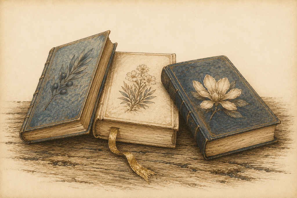 Three antique cloth-bound books on a wooden table — one open to a botanical drawing with a gold ribbon bookmark, flanked by covers bearing an olive sprig and a pale flower.