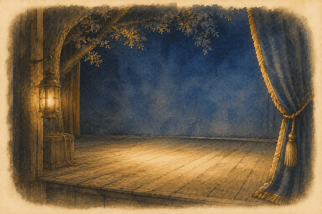 An empty wooden stage lit by a single hanging lantern, with a gold-tasselled curtain drawn back and a leafy garland strung above a deep blue backdrop.