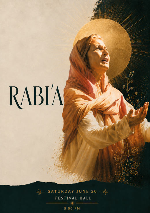 Poster for Rabi'a: a woman in flowing robes lifts her hands in prayer before a radiant gold sun-disc, gold flowering branches rising through the darkness beside her.