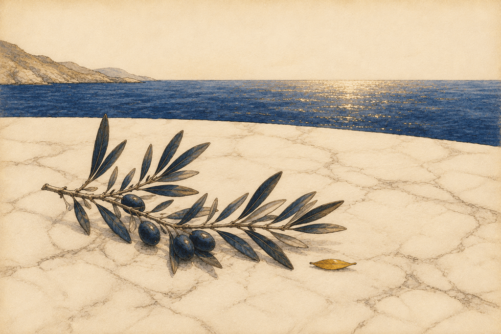 An olive branch heavy with dark fruit resting on sunlit white marble above a deep blue sea, a distant headland on the horizon.