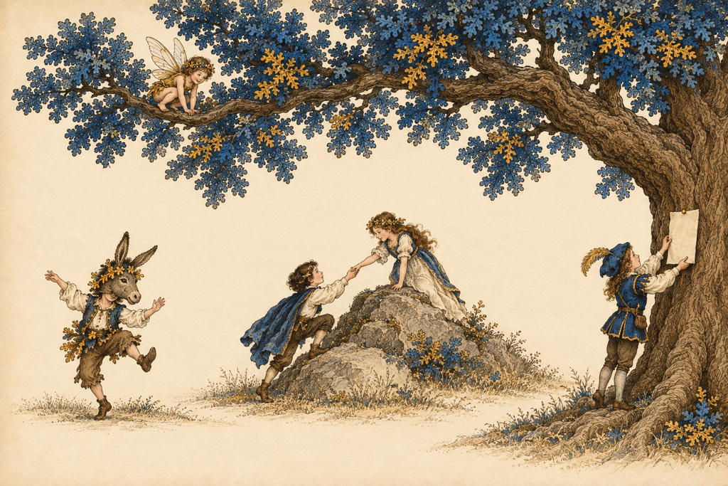 Beneath the great oak, young players act three Shakespeare plays at once: a fairy watching from the branch, a dancer in a donkey-head mask, two lovers reaching across a rock, and a girl pinning a page to the trunk.